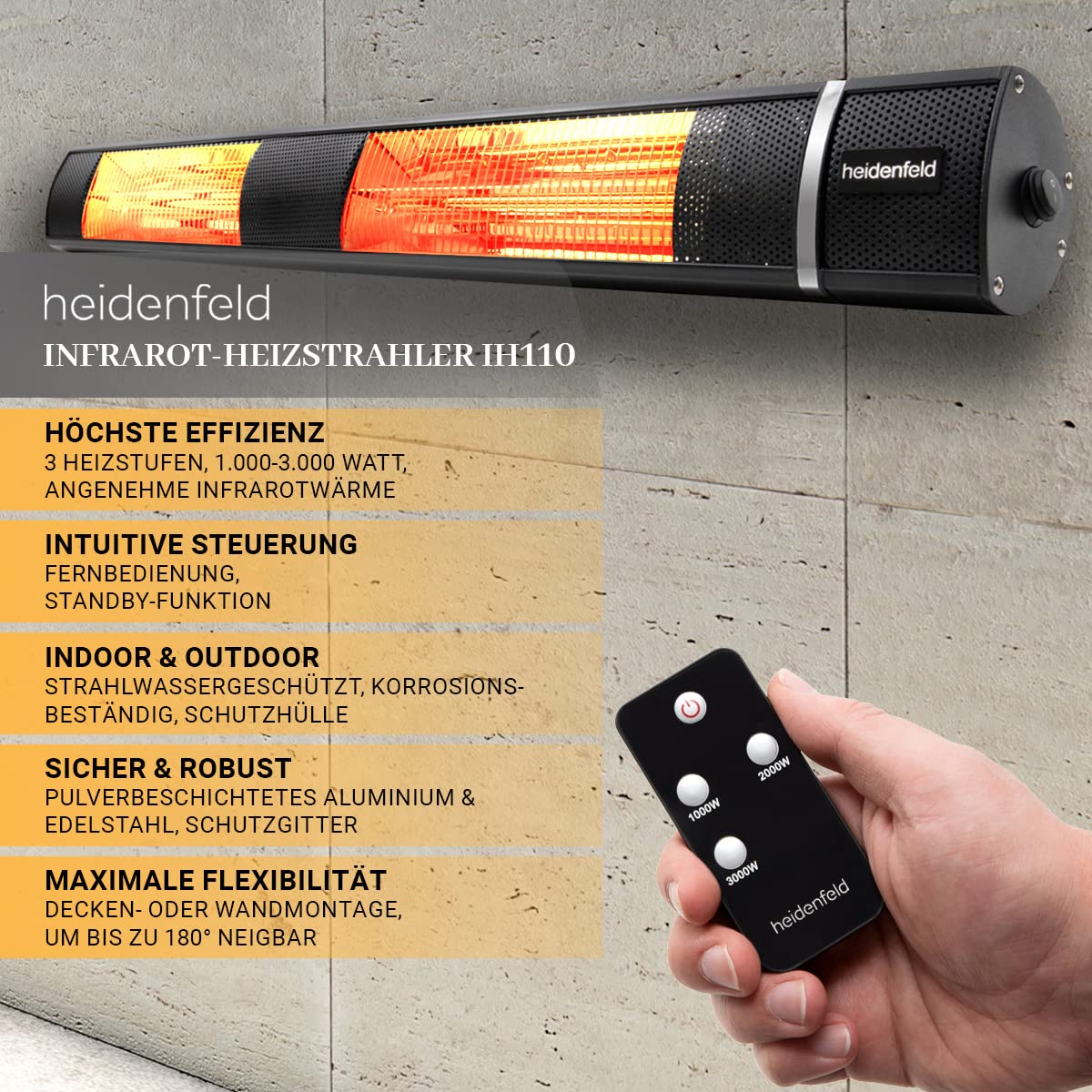 Heidenfeld Infrarot Heizstrahler IH110 | ๐ ๐๐๐๐๐ ๐๐๐๐๐๐๐๐ - 3000 Watt - Fernbedienung - Infrarotheizung - Elektroheizung - Infrarotstrahler - Terrassenheizer - Terrassenstrahler