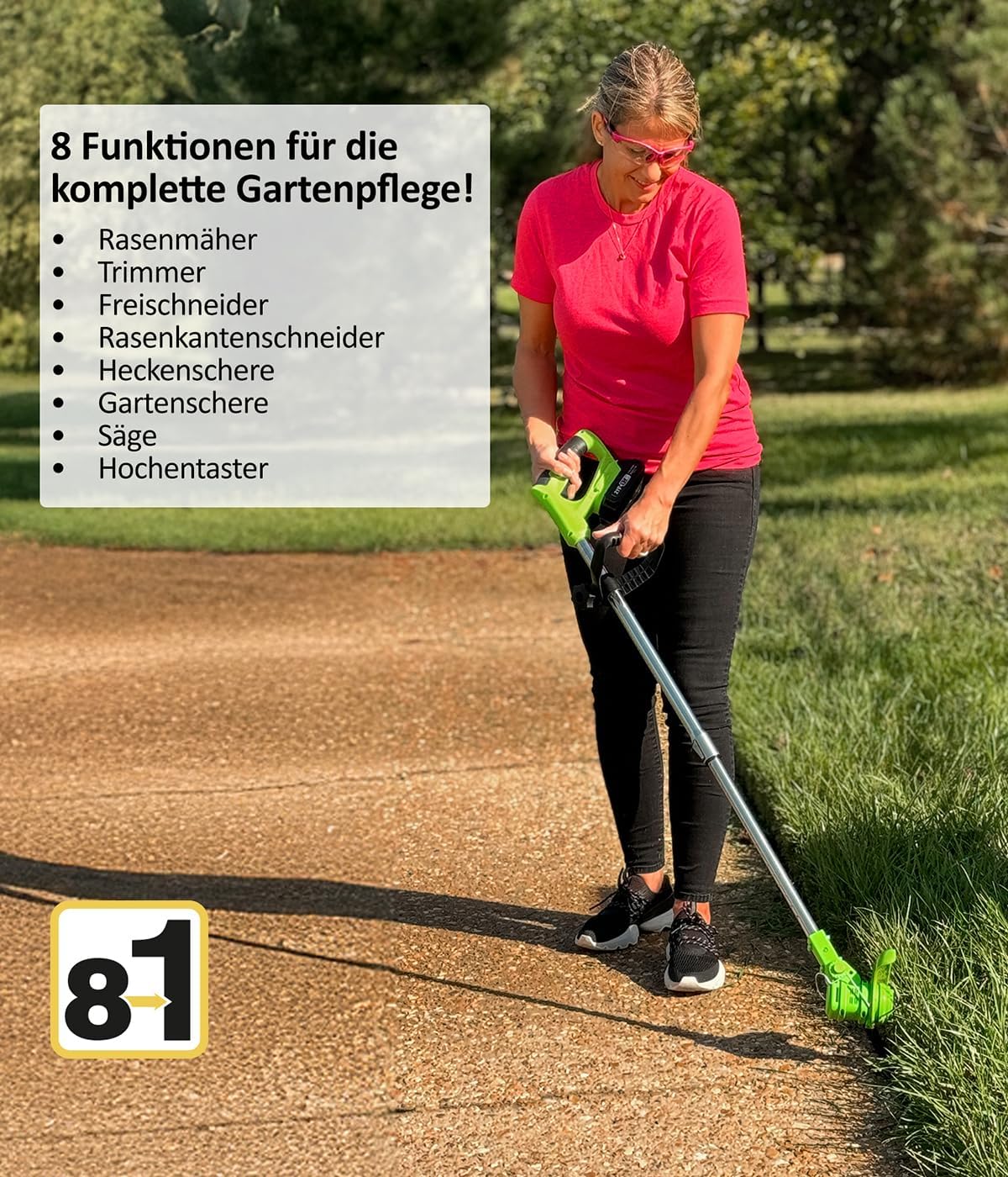 Genius 8-in-1 Gartengerät – Vielseitiges Akku-Tool für Rasen, Hecken und Bäume