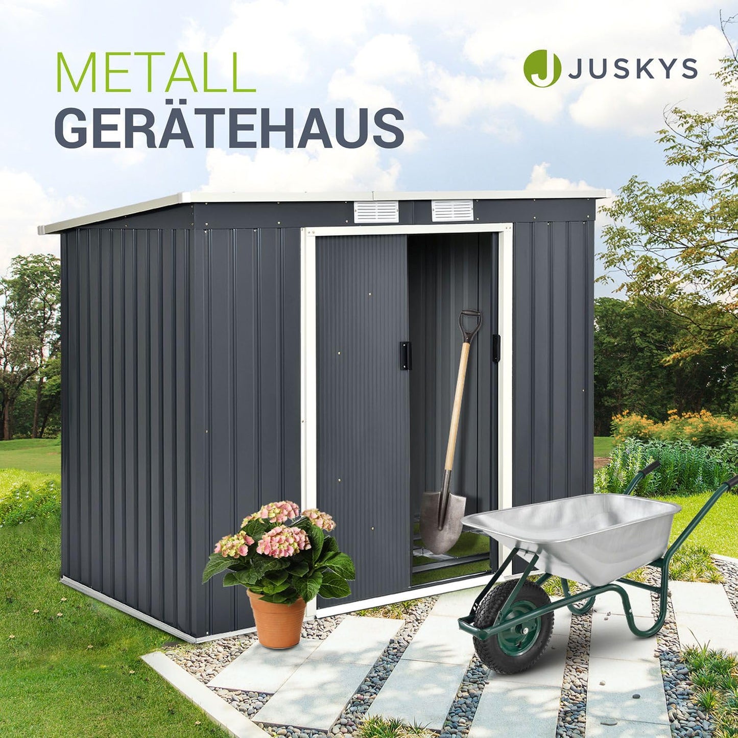 Juskys Metall Gerätehaus M 4m³ mit Pultdach, Schiebetür & Fundament - 213 x 130 x 173 cm - anthrazit - Geräteschuppen Gartenhaus Schuppen Stahl