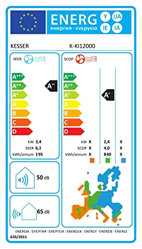 KESSER® Klimaanlage SET Split - mit WiFi/App Funktion Klimagerät - Kühlen A++/ Heizen A+ -12000 BTU/h (3.400 Watt) Sehr Leise, Kältemittel R32 - Fernbedienung, Timerfunktion - Inkl. Montagematerial