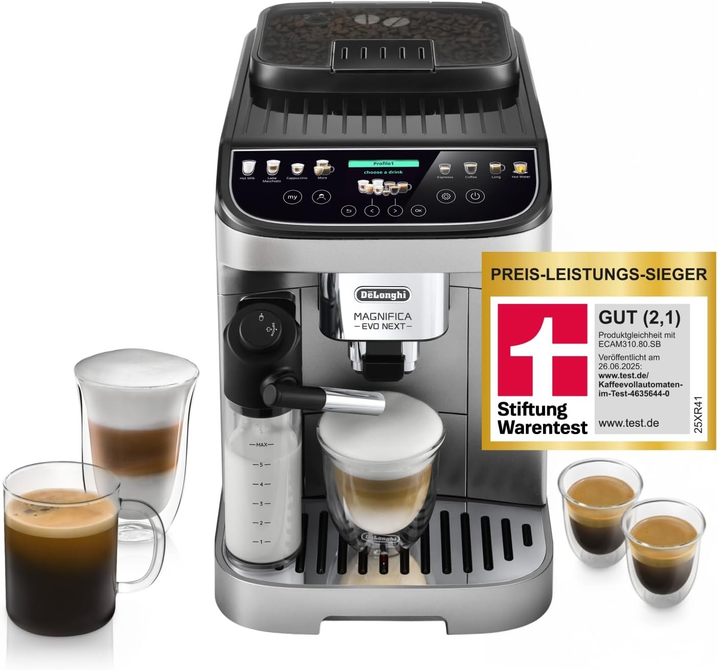 De’Longhi Magnifica Evo Next ECAM312.80.SB Kaffeevollautomat | LatteCrema | 13 Getränke | Touch-Display | Titan