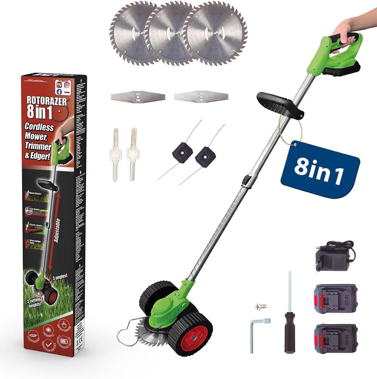 Genius 8-in-1 Gartengerät – Vielseitiges Akku-Tool für Rasen, Hecken und Bäume