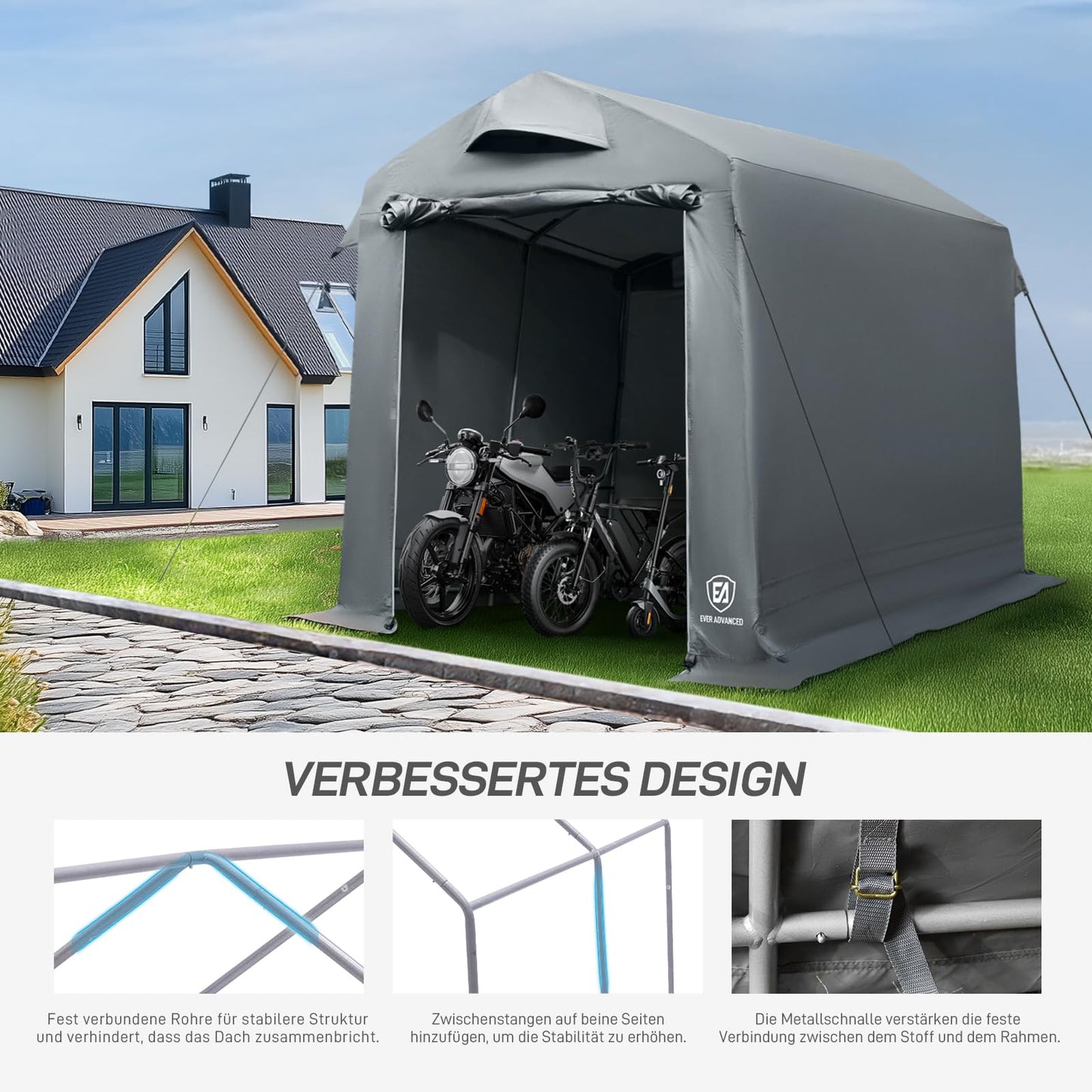 EVER ADVANCED Gerätehaus 9.8m³ Gerätezelt 190x230x225cm, 3000MM Wasserdichtes Geräteschuppen mit 2 Belüftungsöffnungen, Fahradgarage Fahrradschuppen Aufbewahrungsgarage Allzwecküberdachung, Grau