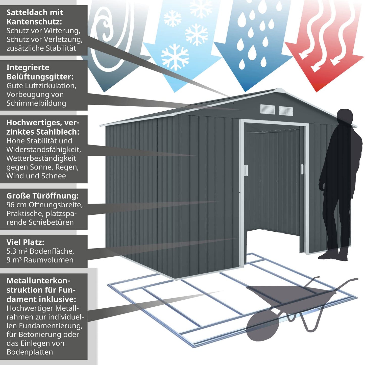 HATTORO S200 XXL Metall Gerätehaus 277x191x192cm Geräteschuppen Garten Schuppen Gartenhaus Satteldach (Anthrazit)