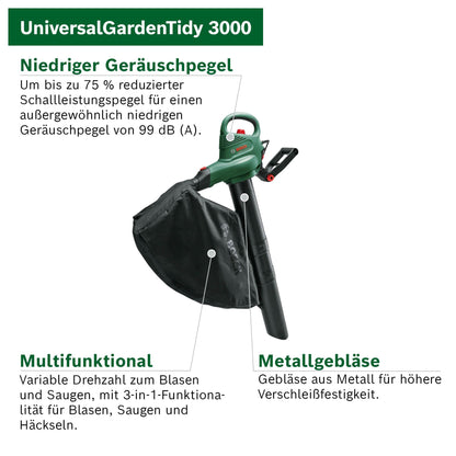 Bosch elektrischer Laubsauger/Laubbläser UniversalGardenTidy 3000 (3000 W, Fangsack 50 l, stufenlose Drehzahleinstellung, zum Blasen, Saugen und Häckseln von Laub, in Kartonverpackung)