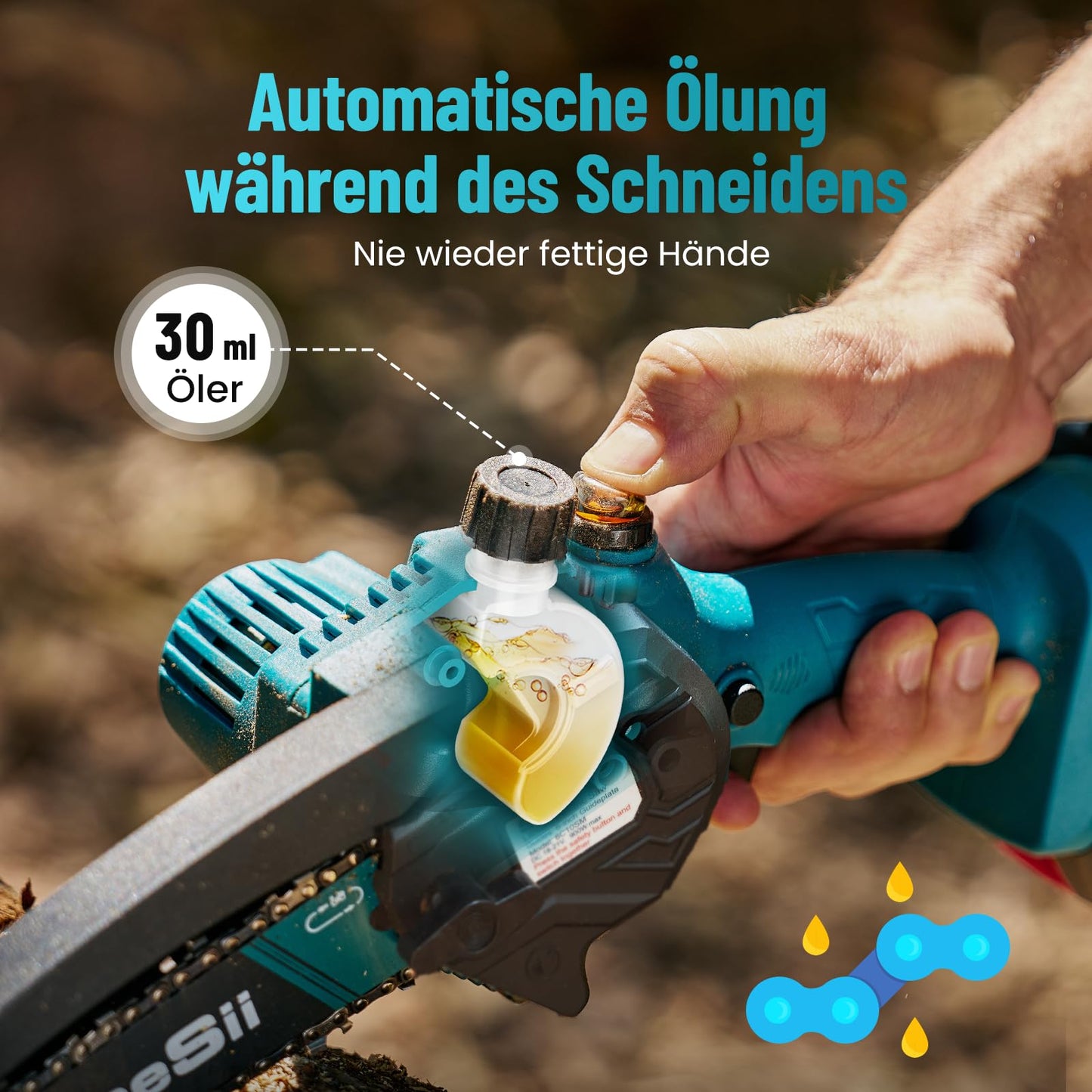 SEESII Mini Kettensäge mit Akku 8000mAh 6 Zoll, Akku Kettensäge mit Automatischer Öler und Ersatzkette, Handkettensäge Akku für Gartenscheren Astschere Holzschneidenz