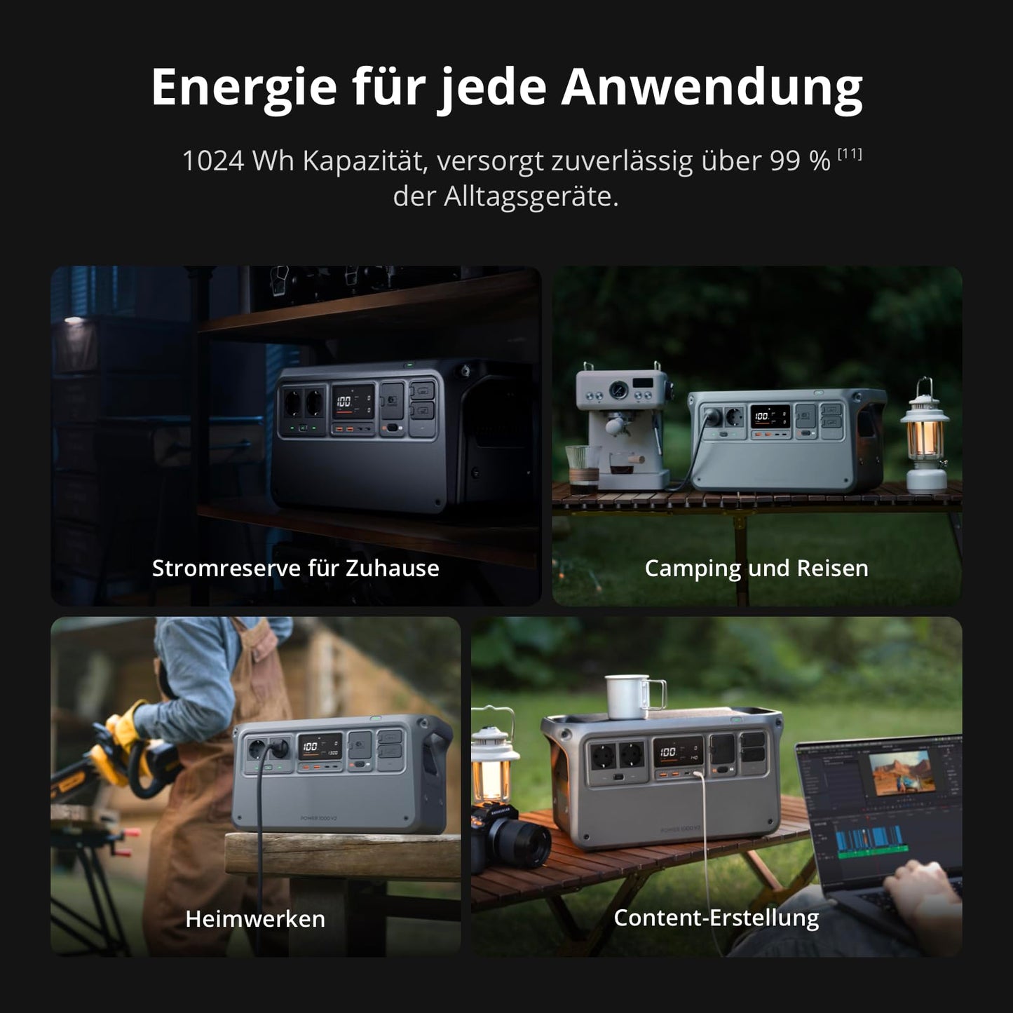 DJI Power 1000 V2 Tragbare Powerstation 1024Wh, 2600W Power Station Solar, LiFePO4 Akku, Kompakte Größe, Schnellladung in 37 Min. von 0% auf 80%, Elektrischer Generator für Camping/Zuhause/Wohnmobile