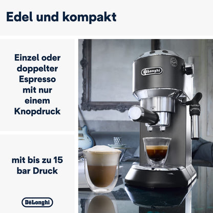 De'Longhi Dedica Style EC 685.B – Espresso Siebträgermaschine, Espressomaschine mit professionellem Milchaufschäumer, nur 15 cm breit, für Kaffeepulver oder ESE Pads, 1 l Wassertank, schwarz
