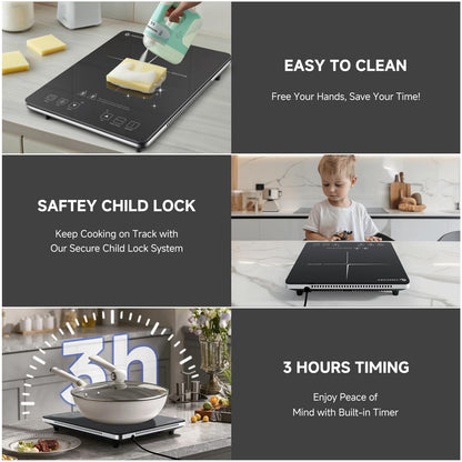 Induktionskochfeld 1 Platte, AMZCHEF Kochplatte Induktion mit ultradünnem Design, 20-Temperaturstufen und 20-Leistungseinstellung, 2000W Induktionskochplatte mit 3-Stunden-Timer, Sicherheitsschloss