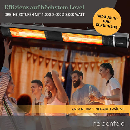 Heidenfeld Infrarot Heizstrahler IH110 | 𝟑 𝐉𝐀𝐇𝐑𝐄 𝐆𝐀𝐑𝐀𝐍𝐓𝐈𝐄 - 3000 Watt - Fernbedienung - Infrarotheizung - Elektroheizung - Infrarotstrahler - Terrassenheizer - Terrassenstrahler