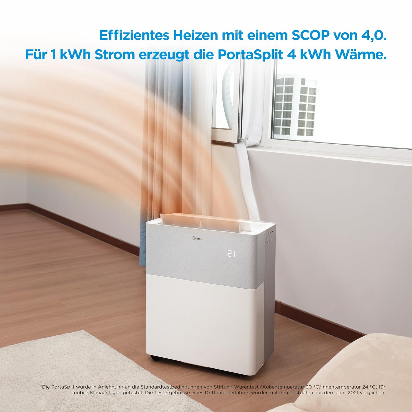 Midea Portasplit Mobile Wärmepumpe, Klimaanlage, Kühlen A++/Heizen A+, 12000 BTU 3, 5kW, für Räume bis zu 42 m² / 105 m³, nur 39 dB(A) im Silent-Modus