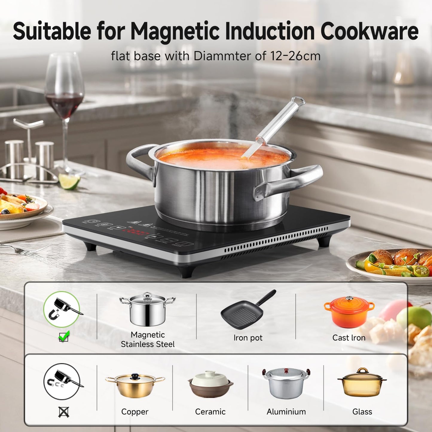 Induktionskochfeld 1 Platte, AMZCHEF Kochplatte Induktion mit ultradünnem Design, 20-Temperaturstufen und 20-Leistungseinstellung, 2000W Induktionskochplatte mit 3-Stunden-Timer, Sicherheitsschloss