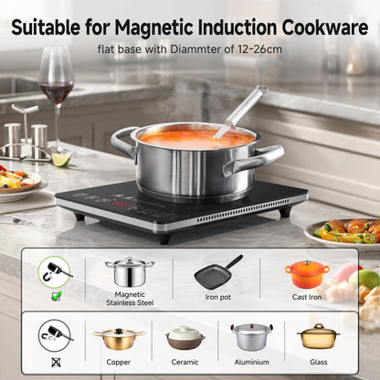 Induktionskochfeld 1 Platte, AMZCHEF Kochplatte Induktion mit ultradünnem Design, 20-Temperaturstufen und 20-Leistungseinstellung, 2000W Induktionskochplatte mit 3-Stunden-Timer, Sicherheitsschloss