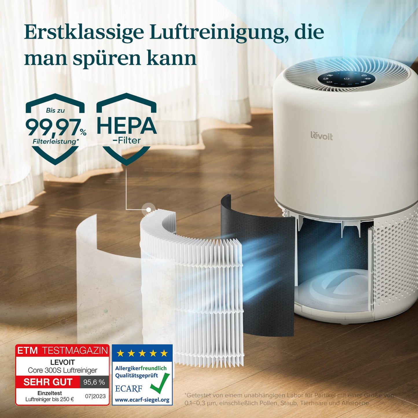 LEVOIT Luftreiniger mit HEPA Luftfilter gegen 99,97 Prozent Schimmel Staub Pollen Tierhaare, Luftqualitäts-Feedback und Auto-Modus, CADR 240m³/h für Raucherzimmer, Air Purifier 22dB Schlafmodus Timer