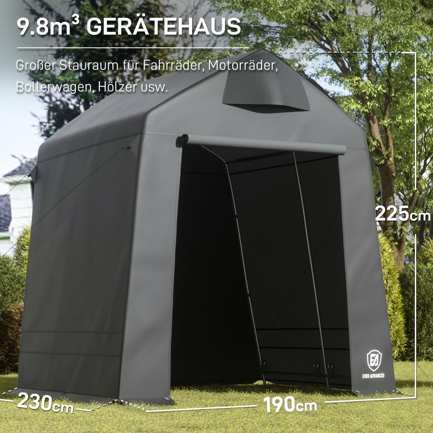 EVER ADVANCED Gerätehaus 9.8m³ Gerätezelt 190x230x225cm, 3000MM Wasserdichtes Geräteschuppen mit 2 Belüftungsöffnungen, Fahradgarage Fahrradschuppen Aufbewahrungsgarage Allzwecküberdachung, Grau