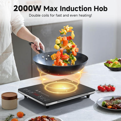 Induktionskochfeld 1 Platte, AMZCHEF Kochplatte Induktion mit ultradünnem Design, 20-Temperaturstufen und 20-Leistungseinstellung, 2000W Induktionskochplatte mit 3-Stunden-Timer, Sicherheitsschloss