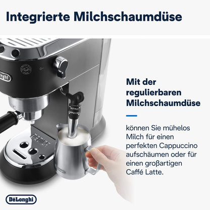 De'Longhi Dedica Style EC 685.B – Espresso Siebträgermaschine, Espressomaschine mit professionellem Milchaufschäumer, nur 15 cm breit, für Kaffeepulver oder ESE Pads, 1 l Wassertank, schwarz