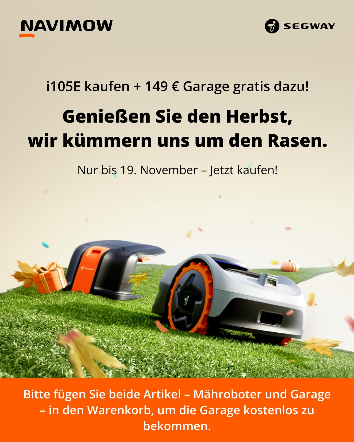 Navimow i105E Mähroboter ohne Begrenzungskabel, Empf. 500 m², Max. 600 m², RTK+Vision Rasenmäher Roboter Testsieger, Igelschutz Rasenroboter, KI Auto Kartierung