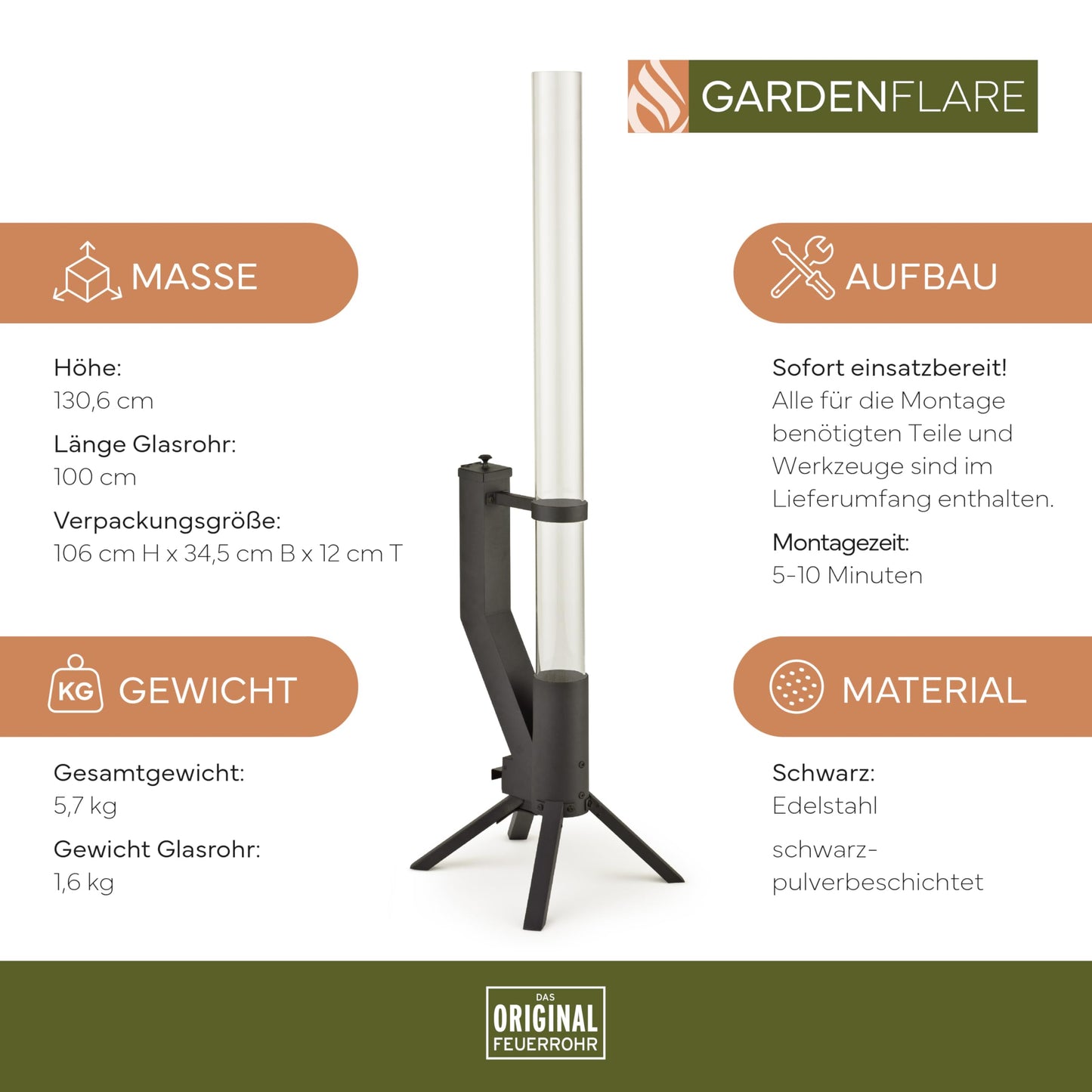 GARDENFLARE Feuerrohr Klassik – Edelstahl Feuersäule und Pelletfackel für Tolles Ambiente-Feuer – Terrassenheizer und Gartenkamin Alternative für Deine Terrasse und Garten (Schwarz Pulverbeschichtet)