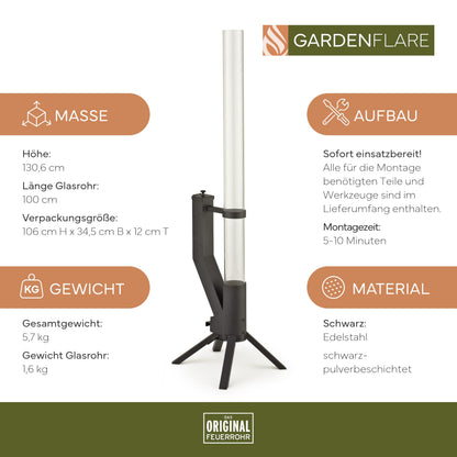 GARDENFLARE Feuerrohr Klassik – Edelstahl Feuersäule und Pelletfackel für Tolles Ambiente-Feuer – Terrassenheizer und Gartenkamin Alternative für Deine Terrasse und Garten (Schwarz Pulverbeschichtet)