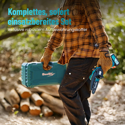 SEESII Mini Kettensäge mit Akku 8000mAh 6 Zoll, Akku Kettensäge mit Automatischer Öler und Ersatzkette, Handkettensäge Akku für Gartenscheren Astschere Holzschneidenz