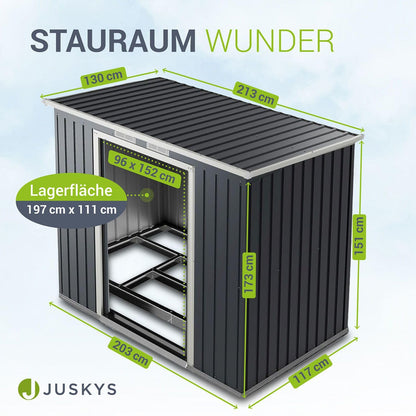 Juskys Metall Gerätehaus M 4m³ mit Pultdach, Schiebetür & Fundament - 213 x 130 x 173 cm - anthrazit - Geräteschuppen Gartenhaus Schuppen Stahl
