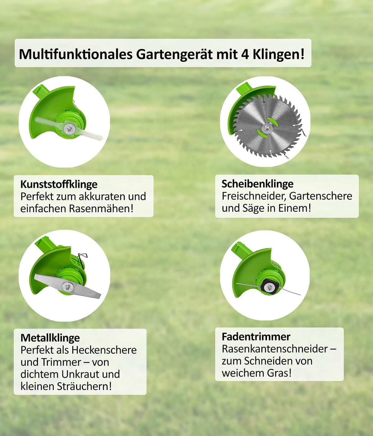 Genius 8-in-1 Gartengerät – Vielseitiges Akku-Tool für Rasen, Hecken und Bäume