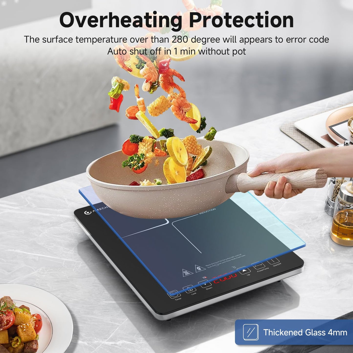 Induktionskochfeld 1 Platte, AMZCHEF Kochplatte Induktion mit ultradünnem Design, 20-Temperaturstufen und 20-Leistungseinstellung, 2000W Induktionskochplatte mit 3-Stunden-Timer, Sicherheitsschloss