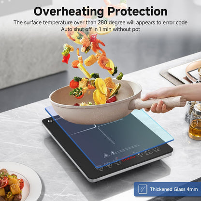 Induktionskochfeld 1 Platte, AMZCHEF Kochplatte Induktion mit ultradünnem Design, 20-Temperaturstufen und 20-Leistungseinstellung, 2000W Induktionskochplatte mit 3-Stunden-Timer, Sicherheitsschloss