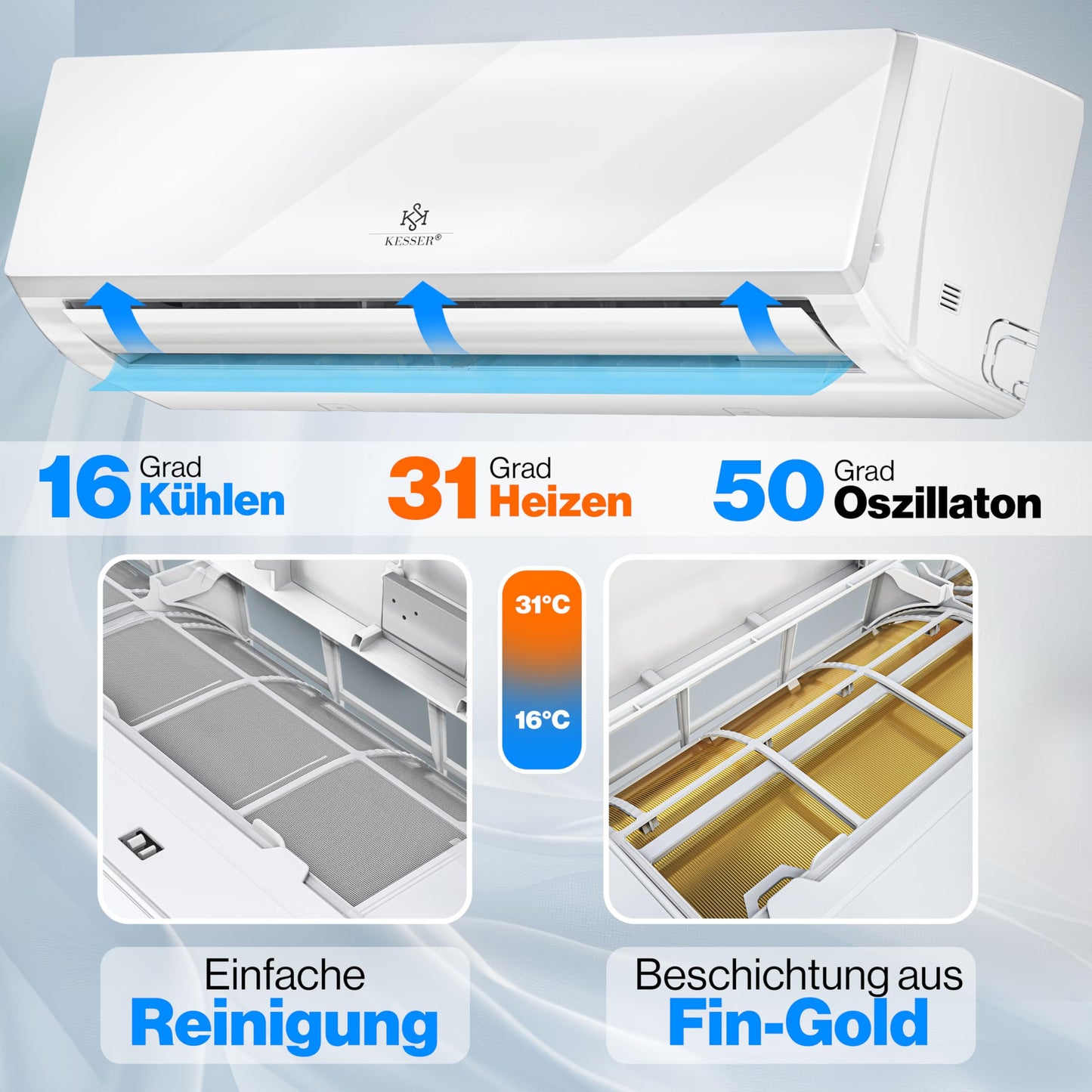 KESSER® Klimaanlage SET Split - mit WiFi/App Funktion Klimagerät - Kühlen A++/ Heizen A+ -12000 BTU/h (3.400 Watt) Sehr Leise, Kältemittel R32 - Fernbedienung, Timerfunktion - Inkl. Montagematerial