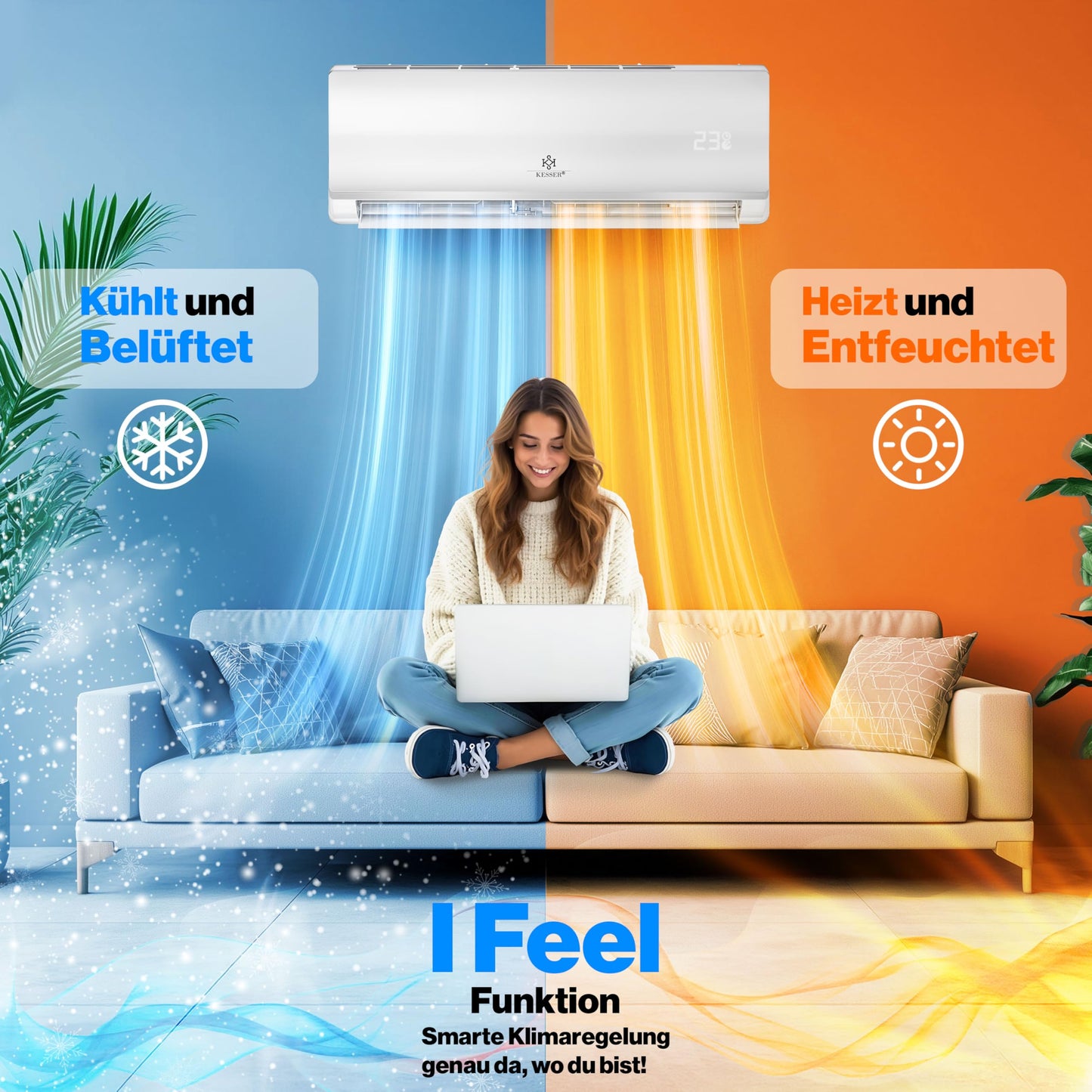 KESSER® Klimaanlage SET Split - mit WiFi/App Funktion Klimagerät - Kühlen A++/ Heizen A+ -12000 BTU/h (3.400 Watt) Sehr Leise, Kältemittel R32 - Fernbedienung, Timerfunktion - Inkl. Montagematerial