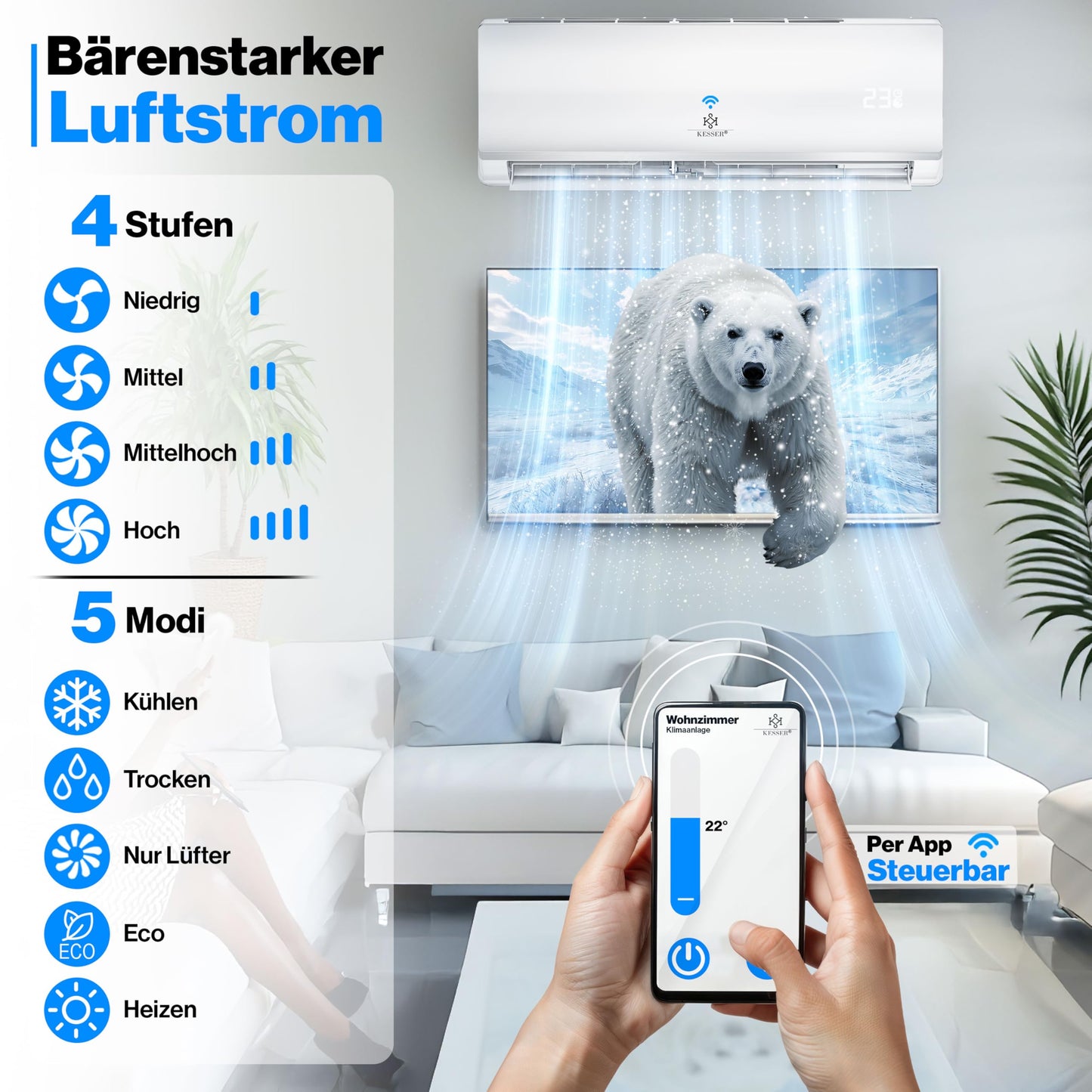 KESSER® Klimaanlage SET Split - mit WiFi/App Funktion Klimagerät - Kühlen A++/ Heizen A+ -12000 BTU/h (3.400 Watt) Sehr Leise, Kältemittel R32 - Fernbedienung, Timerfunktion - Inkl. Montagematerial