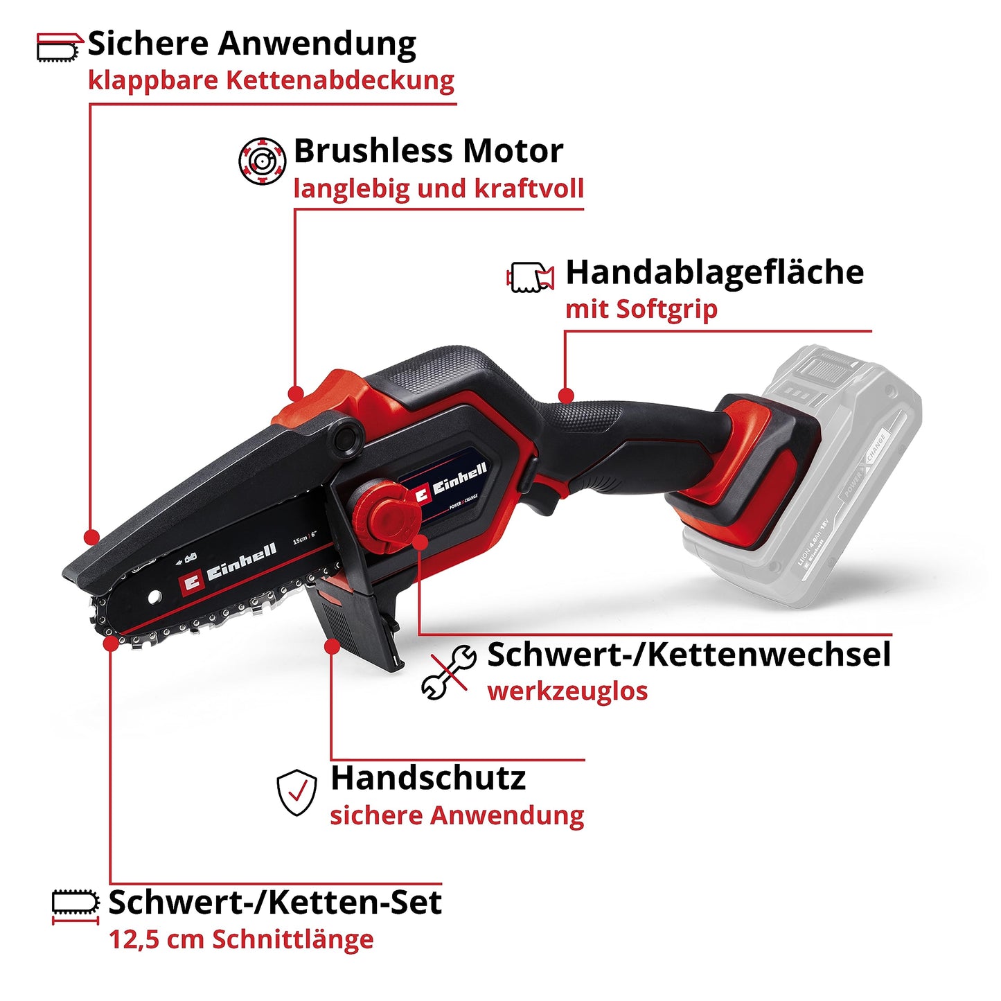 Einhell Akku-Astkettensäge GE-PS 18/15 Li BL-Solo Power X-Change (18 V, Brushless, 12,5 cm Schnittlänge, werkzeugloser Schwert- und Kettenwechsel, ohne Akku)