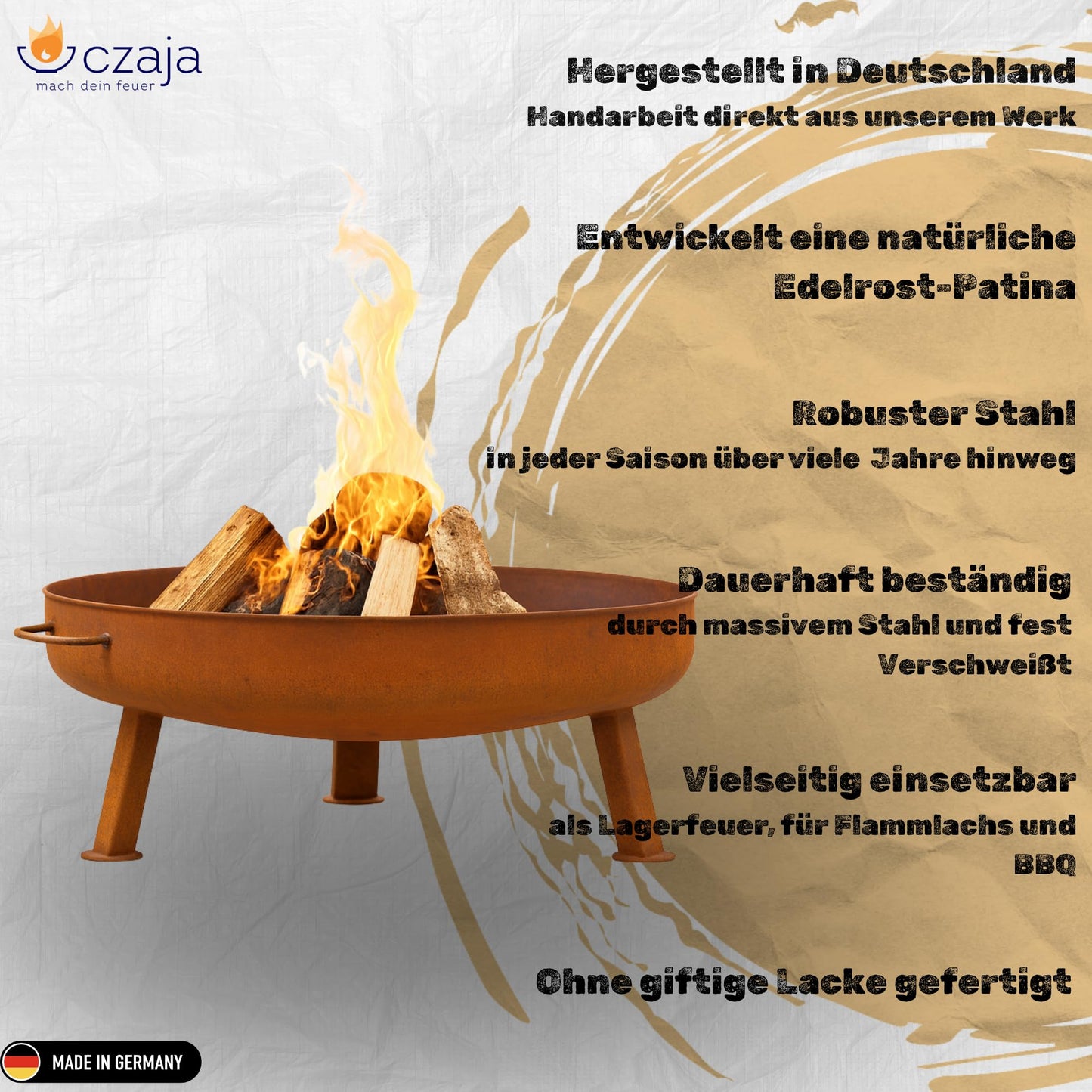 Czaja® Feuerschale Bonn Ø 80 cm - mit Wasserablaufbohrung - Feuerschalen für den Garten, Terrasse und Balkon, Feuertonne und Feuerkorb, große Feuerstelle für den Garten