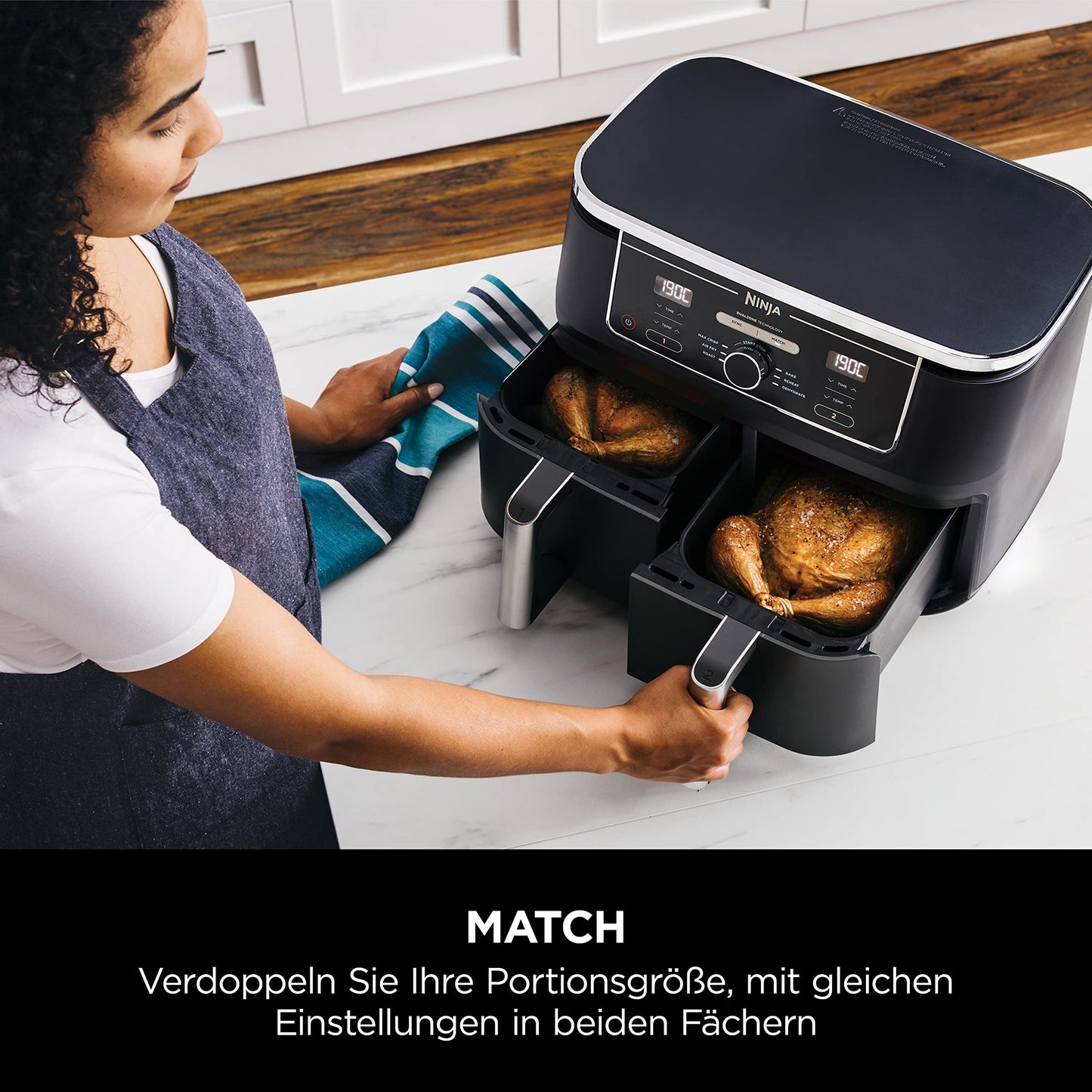 Ninja Foodi MAX Dual Zone Heißluftfritteuse [AF400EU] ‎2470 W, 9,5 l Fassungsvermögen, 2 Fächer, 6 Funktionen, Kupfer, Schwarz