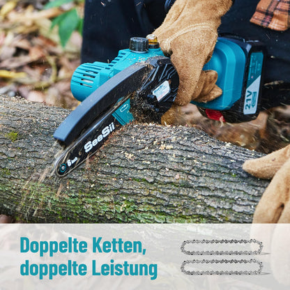 SEESII Mini Kettensäge mit Akku 8000mAh 6 Zoll, Akku Kettensäge mit Automatischer Öler und Ersatzkette, Handkettensäge Akku für Gartenscheren Astschere Holzschneidenz
