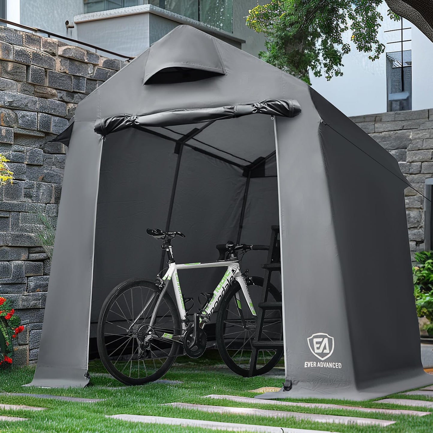 EVER ADVANCED Gerätehaus 9.8m³ Gerätezelt 190x230x225cm, 3000MM Wasserdichtes Geräteschuppen mit 2 Belüftungsöffnungen, Fahradgarage Fahrradschuppen Aufbewahrungsgarage Allzwecküberdachung, Grau