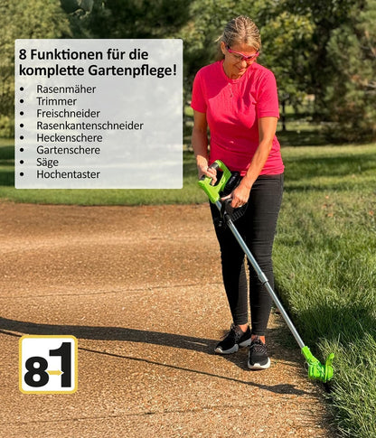 Genius 8-in-1 Gartengerät – Vielseitiges Akku-Tool für Rasen, Hecken und Bäume