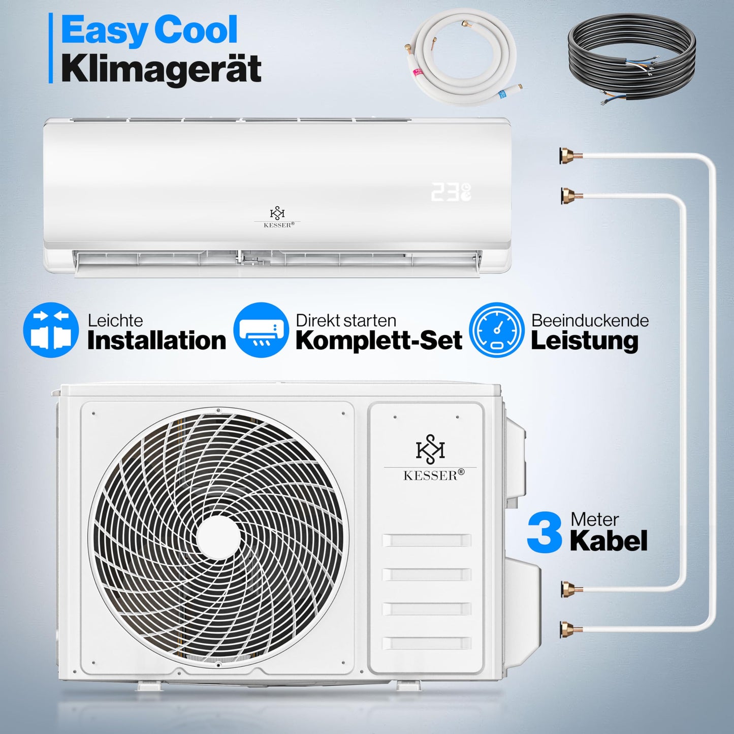 KESSER® Klimaanlage SET Split - mit WiFi/App Funktion Klimagerät - Kühlen A++/ Heizen A+ -12000 BTU/h (3.400 Watt) Sehr Leise, Kältemittel R32 - Fernbedienung, Timerfunktion - Inkl. Montagematerial