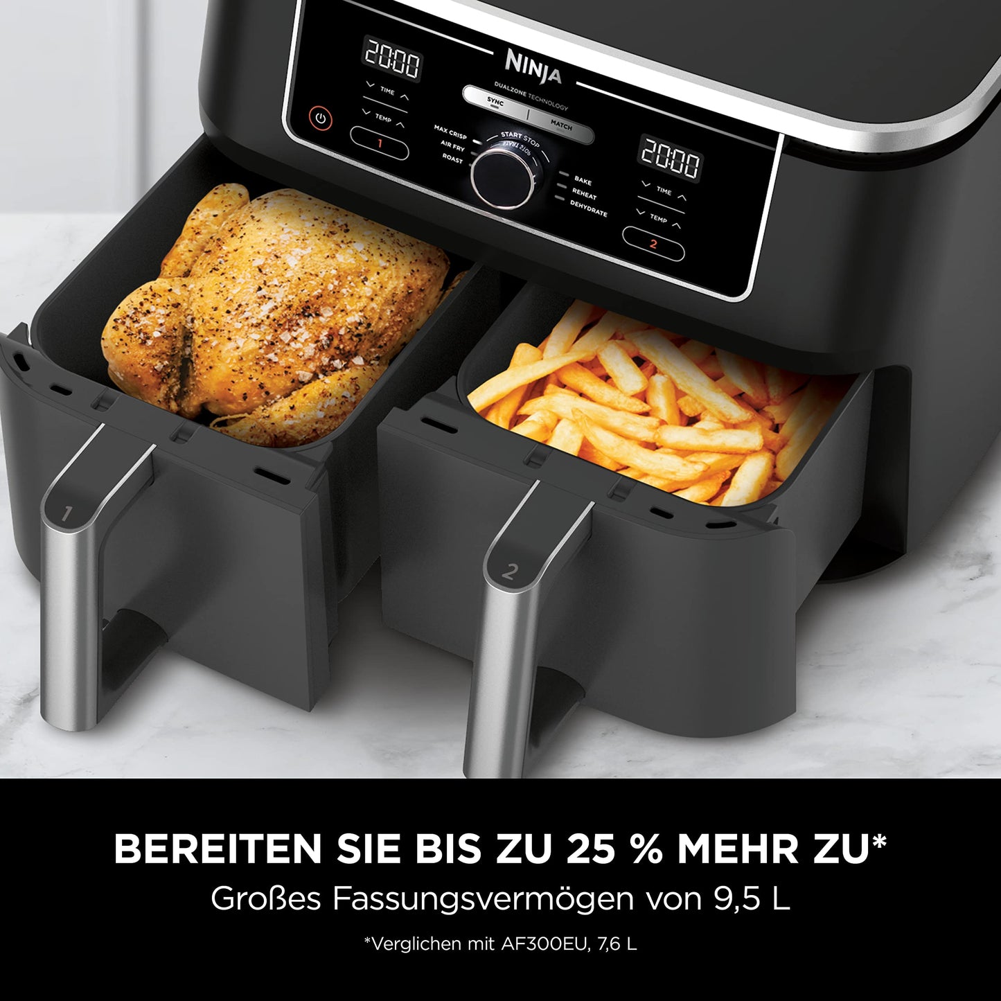 Ninja Foodi MAX Dual Zone Heißluftfritteuse [AF400EU] ‎2470 W, 9,5 l Fassungsvermögen, 2 Fächer, 6 Funktionen, Kupfer, Schwarz