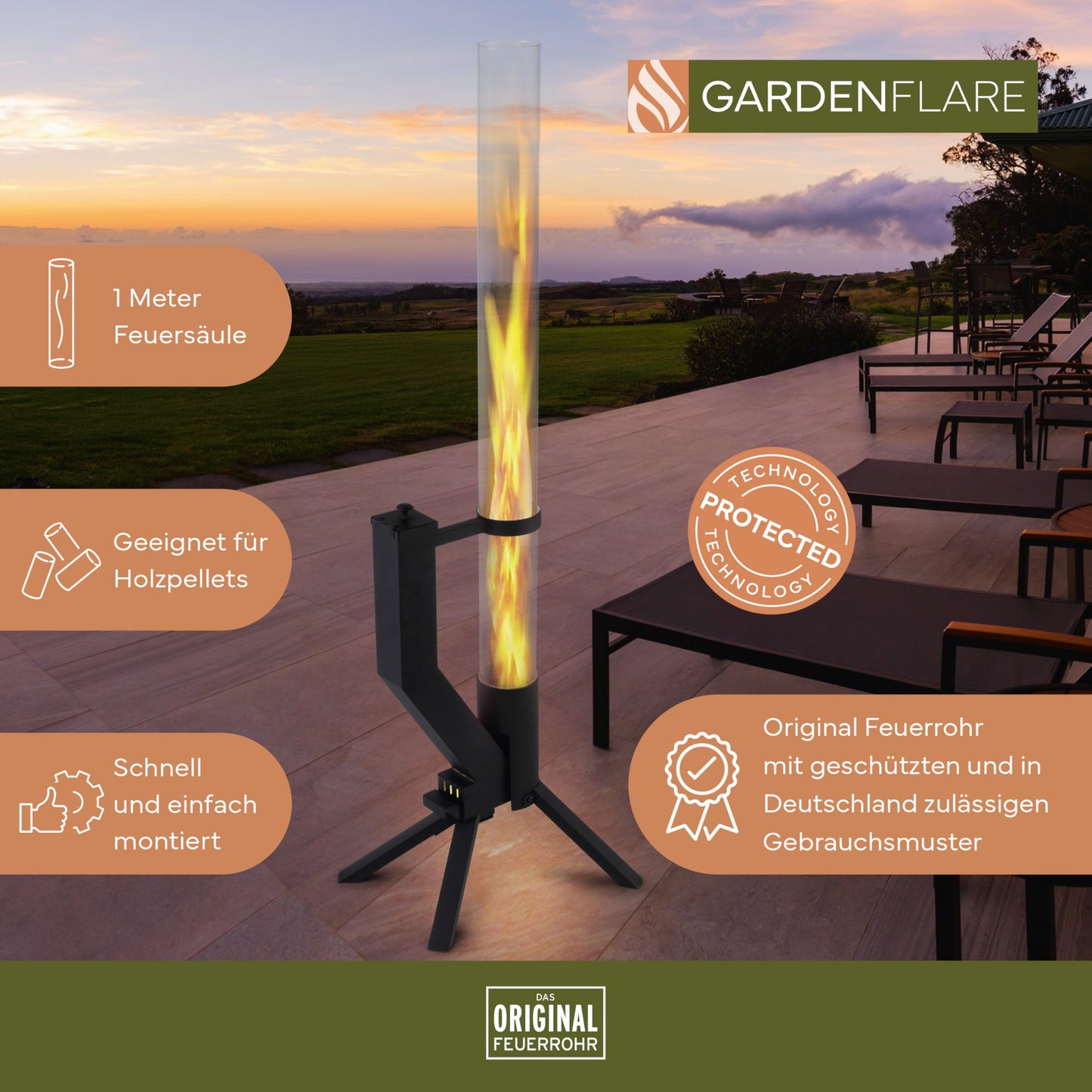 GARDENFLARE Feuerrohr Klassik – Edelstahl Feuersäule und Pelletfackel für Tolles Ambiente-Feuer – Terrassenheizer und Gartenkamin Alternative für Deine Terrasse und Garten (Schwarz Pulverbeschichtet)