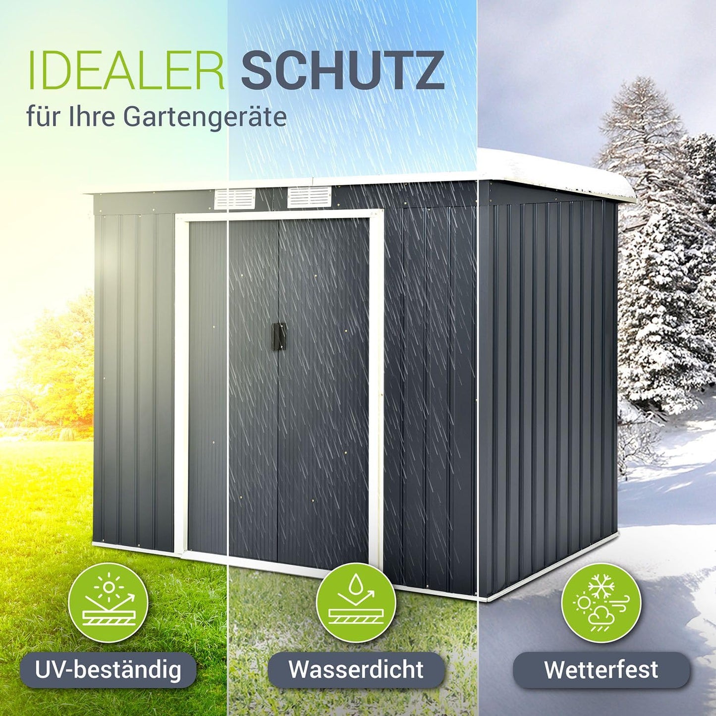 Juskys Metall Gerätehaus M 4m³ mit Pultdach, Schiebetür & Fundament - 213 x 130 x 173 cm - anthrazit - Geräteschuppen Gartenhaus Schuppen Stahl