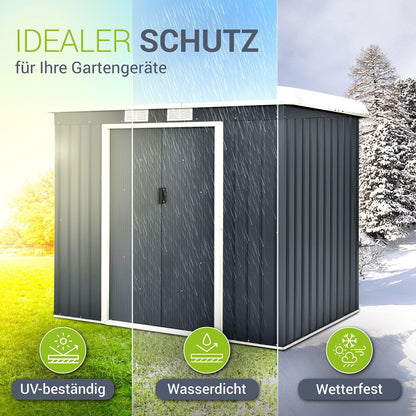 Juskys Metall Gerätehaus M 4m³ mit Pultdach, Schiebetür & Fundament - 213 x 130 x 173 cm - anthrazit - Geräteschuppen Gartenhaus Schuppen Stahl