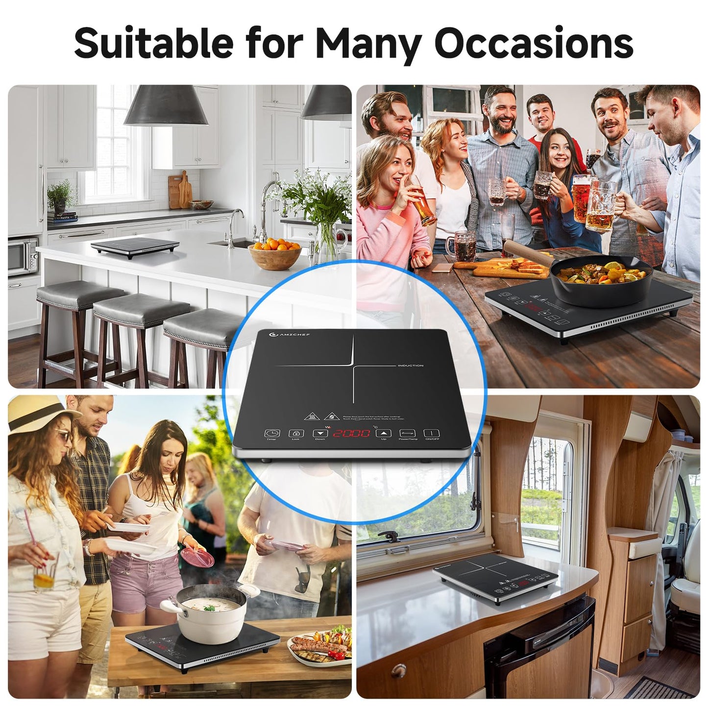 Induktionskochfeld 1 Platte, AMZCHEF Kochplatte Induktion mit ultradünnem Design, 20-Temperaturstufen und 20-Leistungseinstellung, 2000W Induktionskochplatte mit 3-Stunden-Timer, Sicherheitsschloss