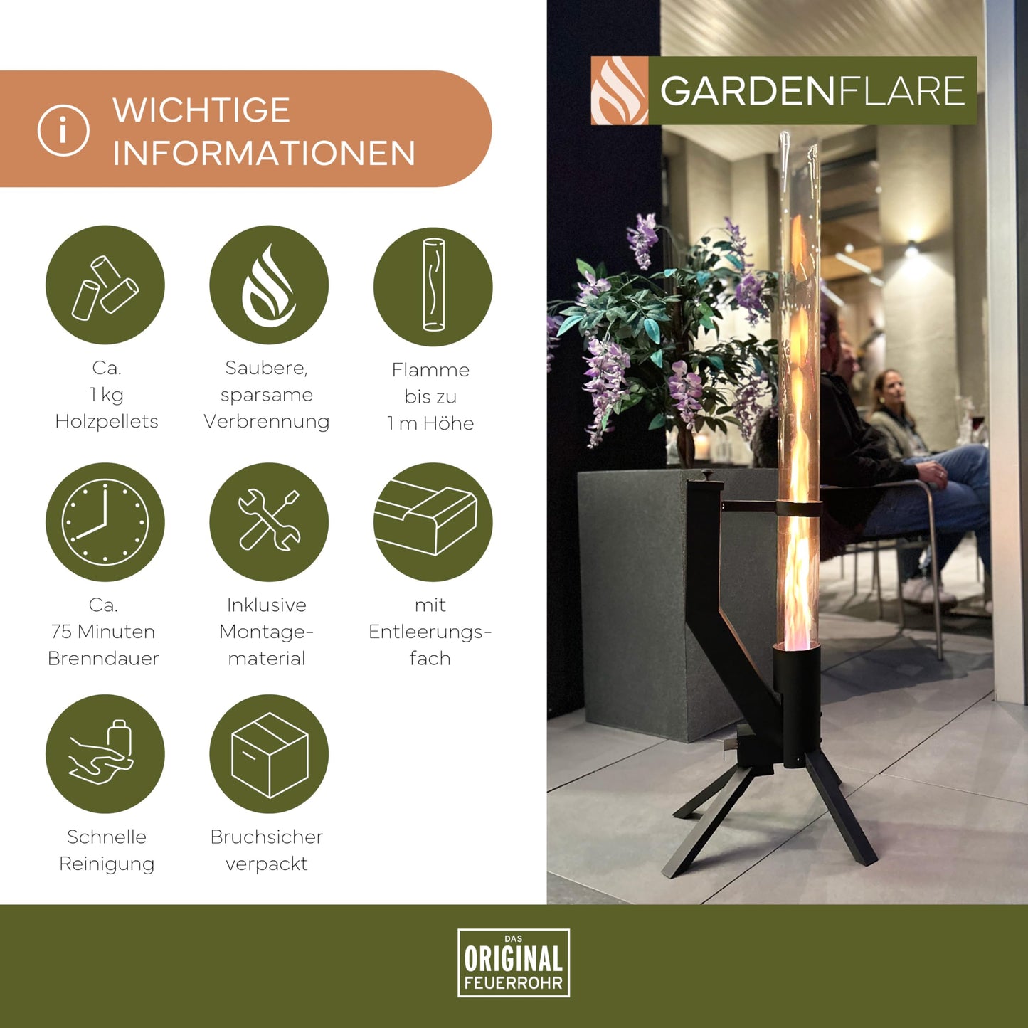 GARDENFLARE Feuerrohr Klassik – Edelstahl Feuersäule und Pelletfackel für Tolles Ambiente-Feuer – Terrassenheizer und Gartenkamin Alternative für Deine Terrasse und Garten (Schwarz Pulverbeschichtet)