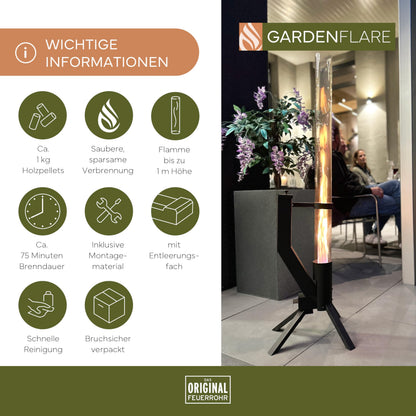 GARDENFLARE Feuerrohr Klassik – Edelstahl Feuersäule und Pelletfackel für Tolles Ambiente-Feuer – Terrassenheizer und Gartenkamin Alternative für Deine Terrasse und Garten (Schwarz Pulverbeschichtet)