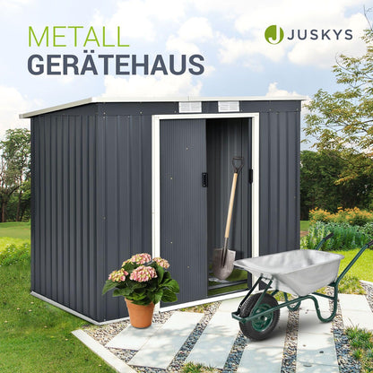 Juskys Metall Gerätehaus M 4m³ mit Pultdach, Schiebetür & Fundament - 213 x 130 x 173 cm - anthrazit - Geräteschuppen Gartenhaus Schuppen Stahl