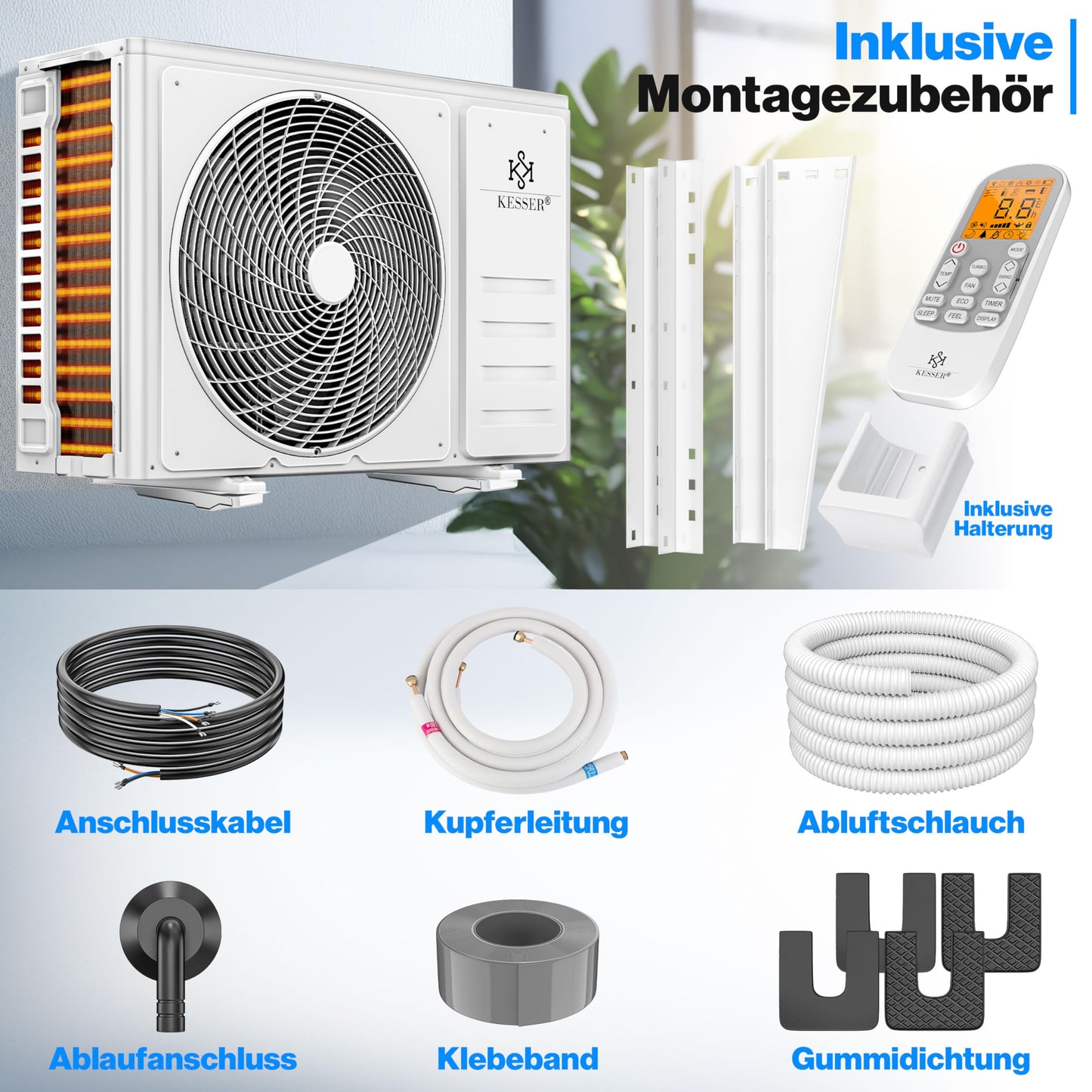 KESSER® Klimaanlage SET Split - mit WiFi/App Funktion Klimagerät - Kühlen A++/ Heizen A+ -12000 BTU/h (3.400 Watt) Sehr Leise, Kältemittel R32 - Fernbedienung, Timerfunktion - Inkl. Montagematerial