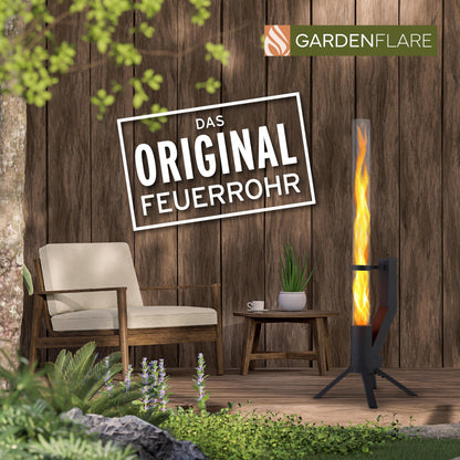 GARDENFLARE Feuerrohr Klassik – Edelstahl Feuersäule und Pelletfackel für Tolles Ambiente-Feuer – Terrassenheizer und Gartenkamin Alternative für Deine Terrasse und Garten (Schwarz Pulverbeschichtet)