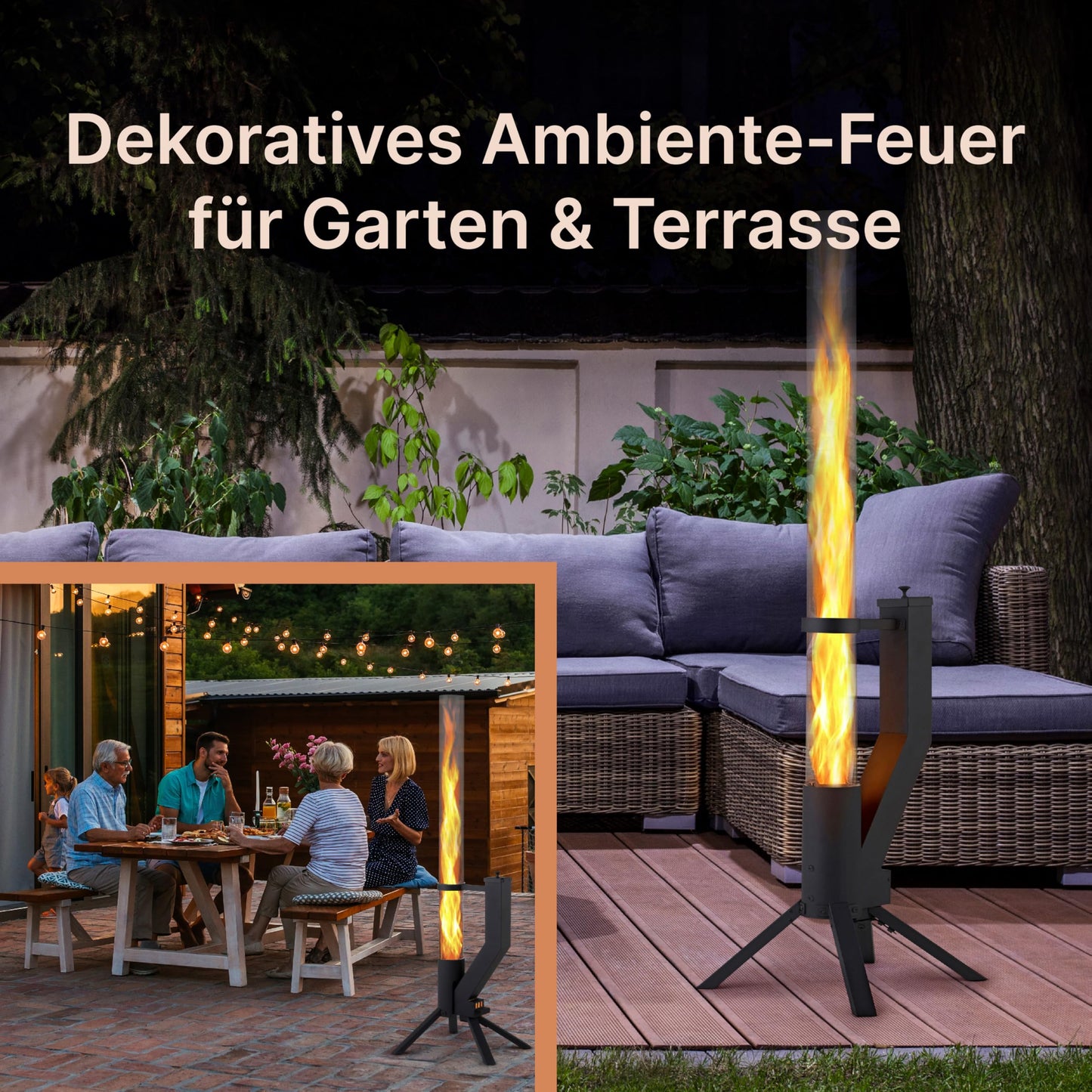 GARDENFLARE Feuerrohr Klassik – Edelstahl Feuersäule und Pelletfackel für Tolles Ambiente-Feuer – Terrassenheizer und Gartenkamin Alternative für Deine Terrasse und Garten (Schwarz Pulverbeschichtet)